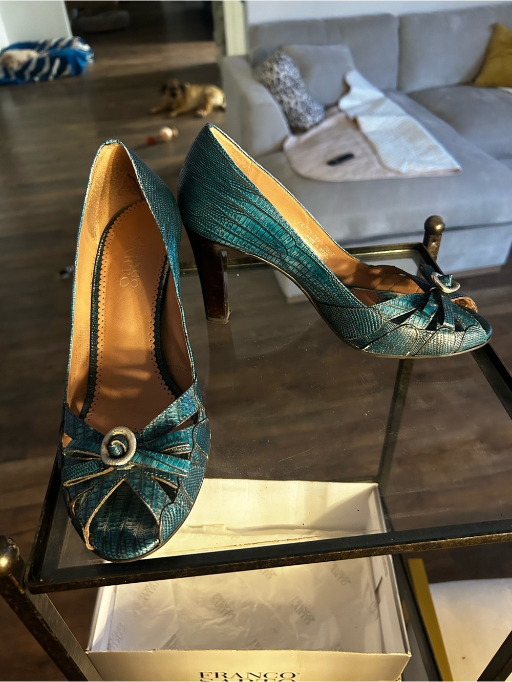 Franco Sarto Teal Textured Peep-Toe Heels with Knot Accent